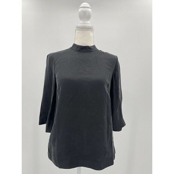 Siizu New York Sz XS Black Silk Mock Neck Long Sleeve Blouse Keyhole Back - Picture 1 of 6